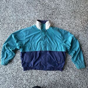 Vintage Towncraft Bomber Jacket Mens Large Colorblock Full Zip Button Teal Navy